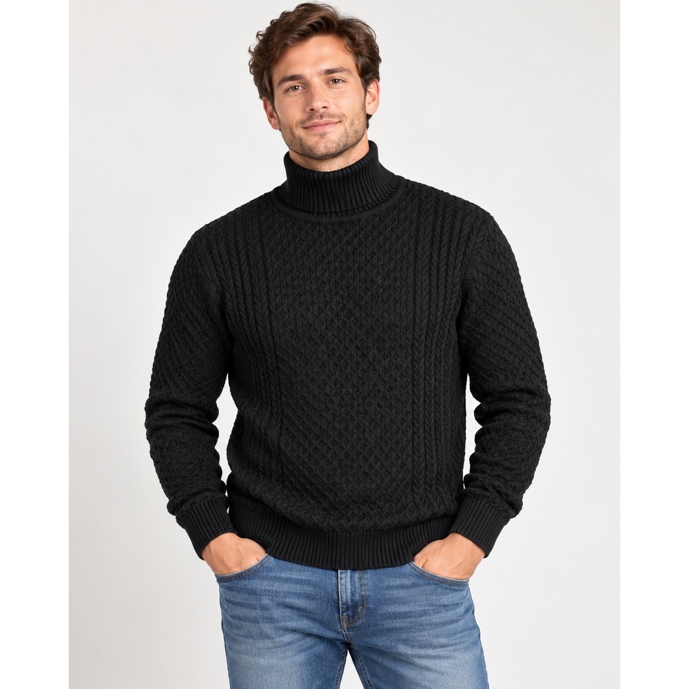 Coofandy Mens Turtleneck Sweater Black Cable Knit Pullover Size L